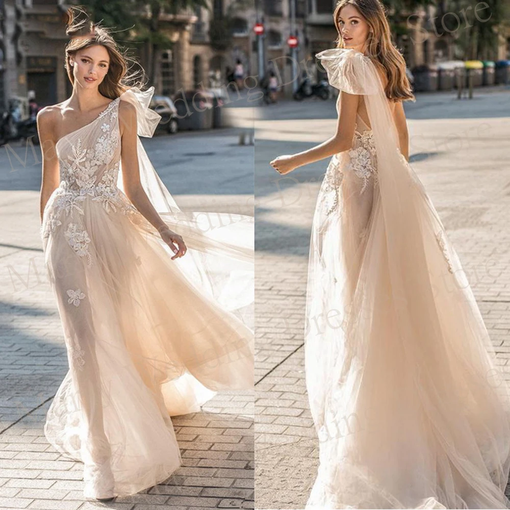 Vestidos de casamento feminino de tule, lindos e graciosos, modernos apliques de renda, vestidos de noiva com um ombro, novos