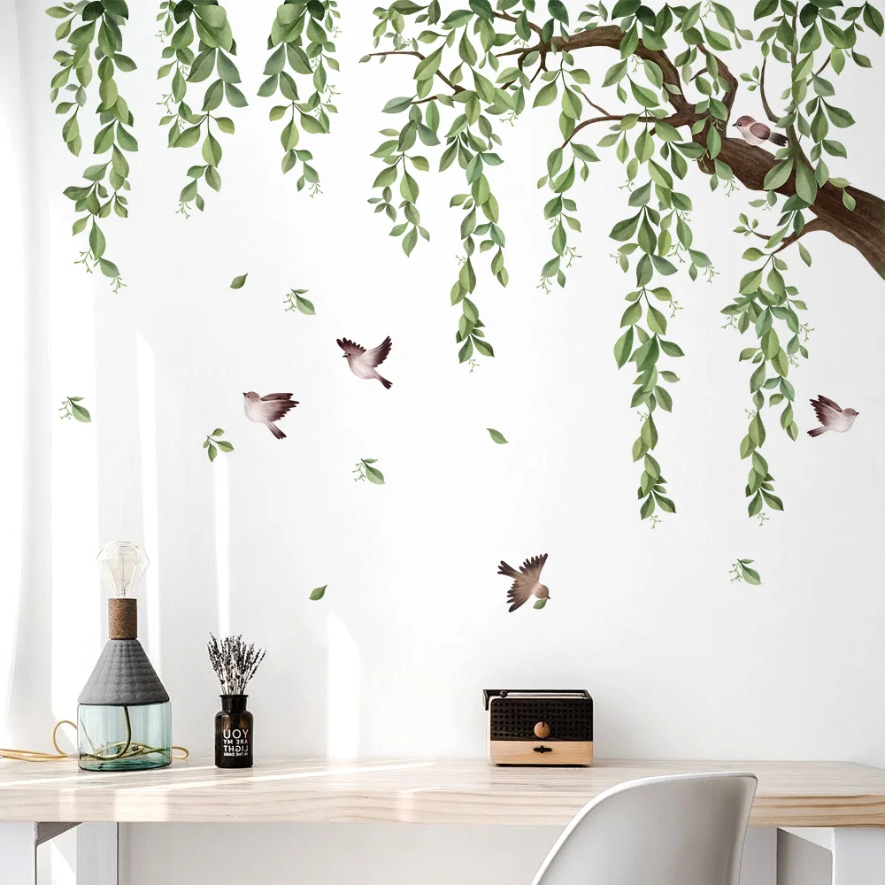 ملصقات حائط حبر أوراق خضراء طبيعة لغرفة المعيشة وغرفة النوم والمنزل وخلفية الزهور وديكور الحائط ملصق ذاتي اللصق