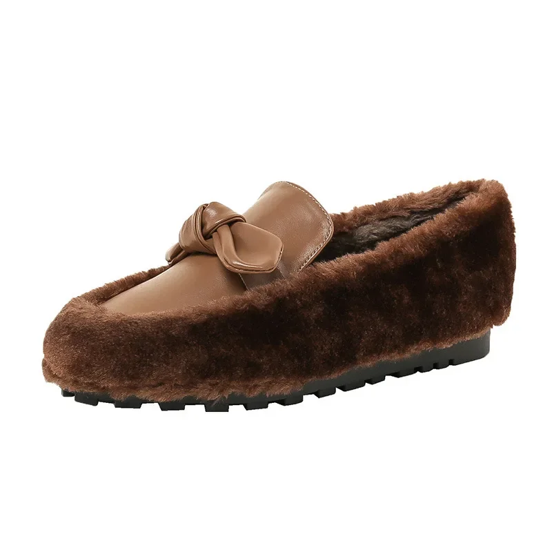 Winter White Wool Shoes Woman Sheep Fur Flats Bowknot Mocasines Plush Cotton Snow Boots Femme Hiver Lambswool Loafers