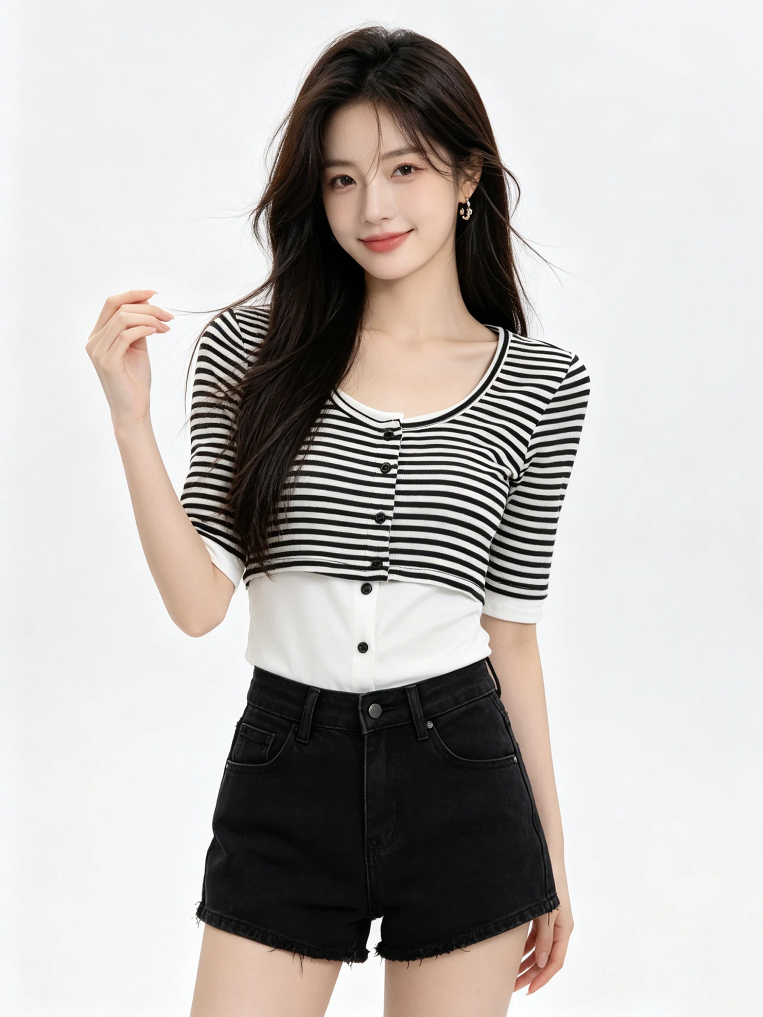 Color Block Striped Sleeveless Cardigan T-Shirt Women Summer New Style Commute Style Standard Fit Five Sleeve Length round Neck