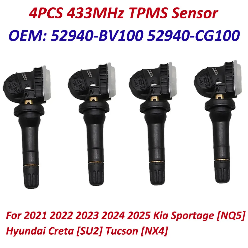 4pcs For 2021 2022 2023 2024 2025 Kia Sportage [NQ5] Hyundai Creta [SU2] Tucson [NX4] TPMS Sensor 433MHz 52940-BV100 52940BV100