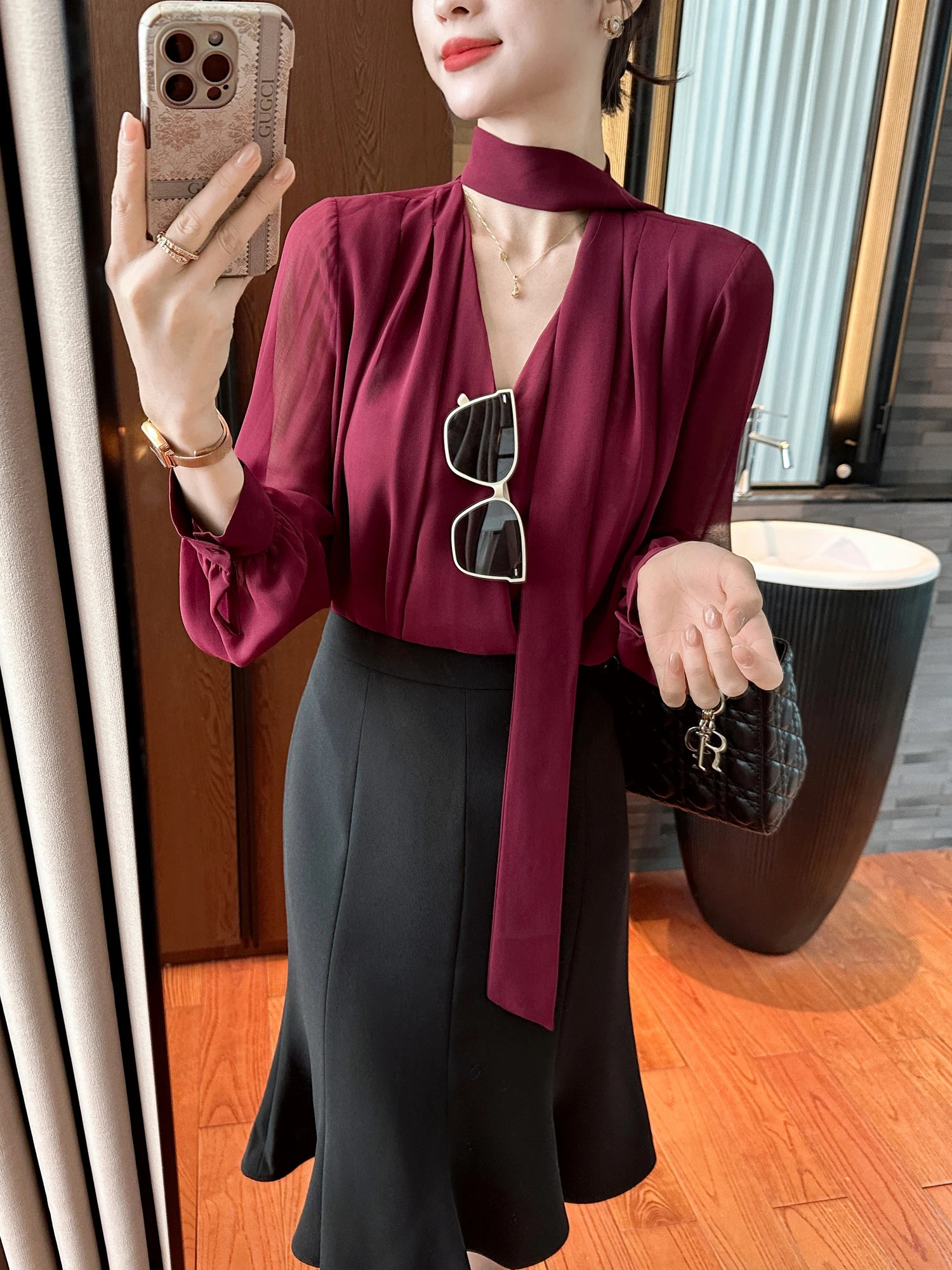 

Женская рубашка с V-образным вырезом и фиолетовой лентой, в корейском стиле, приталенная, с длинным рукавом, дышащая, удобная, для повседневной носки