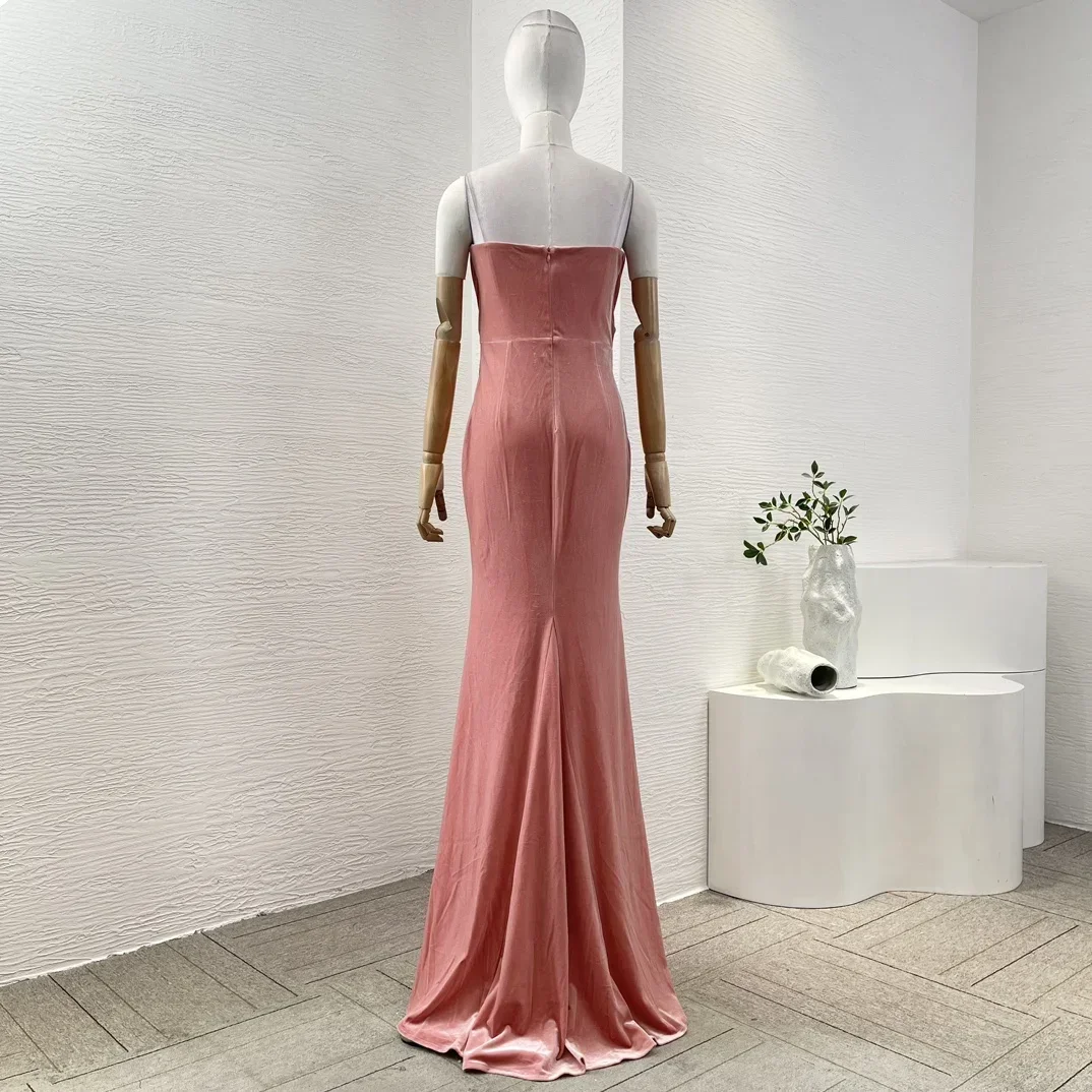 2024 New Hotsweet Hollow Sexy Beauty Pink Diaonds Cut Out Pleat Maxi Dress dla kobiet