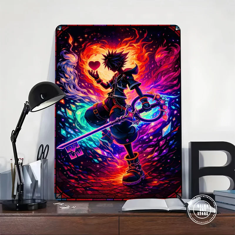 Sora Holding a Heart With Keyblade 3D Texture Printed Poster Custom Vintage Metal Tin Plate Sign for Wall Art Article Decoration