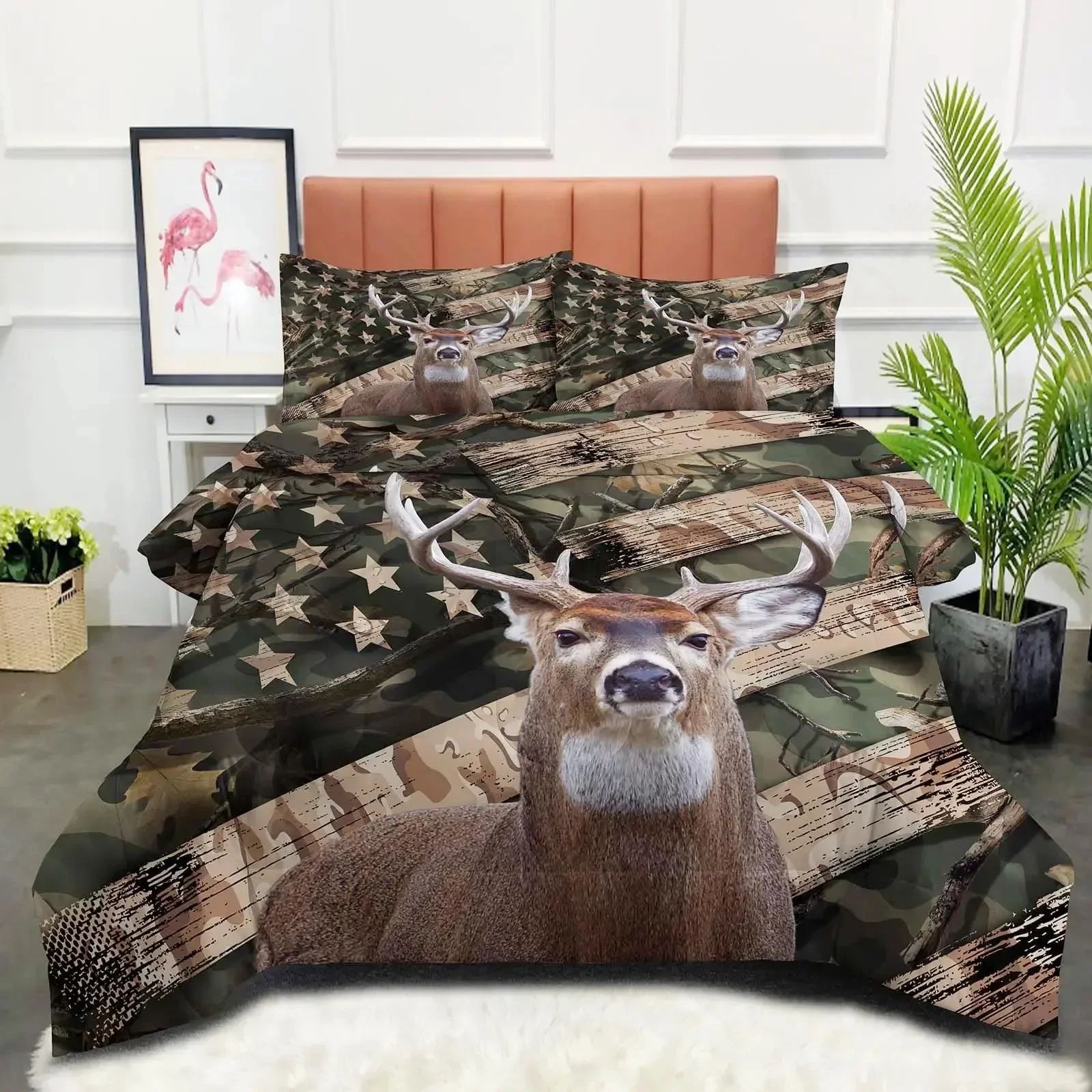 Wild Deer Comforter Sets for Kids Teens, American Flag Camo Bedding Sets Full Size Comforter Sets with 1 Comforter 2 Pillowcase