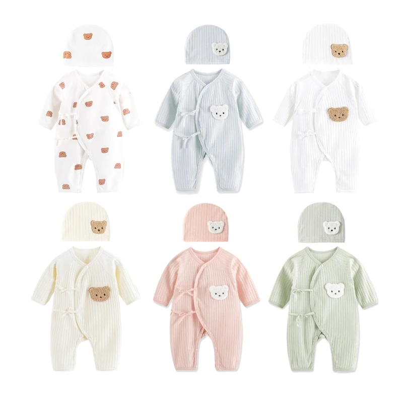 Breathable Newborn Bear Jumpsuit Hospital Hat Spring Outfit Long Sleeves Bodysuits for Baby Girls Boys Unisex Coveralls