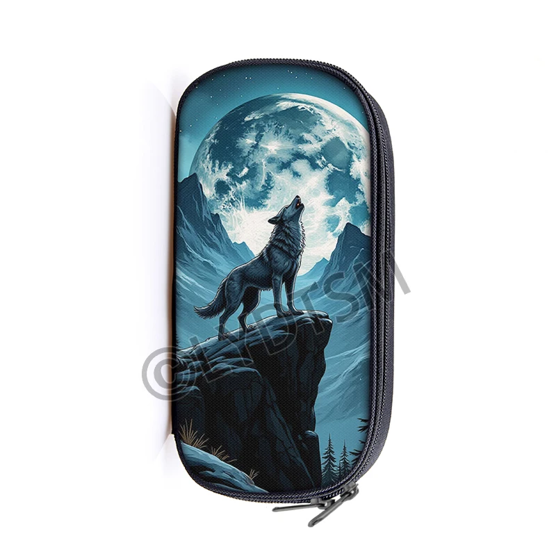 Estuche para lápices con estampado de lobo aullando, caja para lápices con diseño de lobo aullando bajo el luz de la luna, portalápices escolar, estuche de cosméticos, suministro escolar
