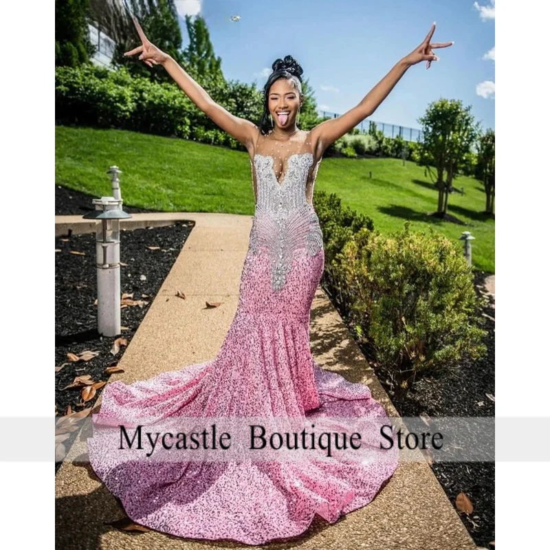 

Платье для выпускного вечера в африканском стиле с блестками и розовыми блестками, 2026, серебряное вечернее платье с кристаллами и бисером, Robe De Soirée