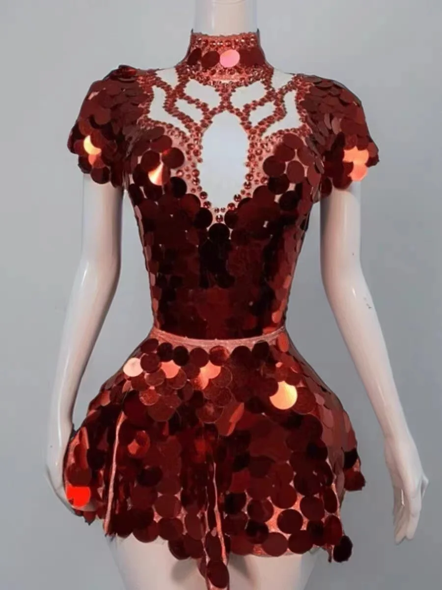 

GOGO Red Glitter Sequin Rhinestone Dancer Team Costume Sexy Nightclub Bar Women Singer DS Stage Prom Birthday Party Short Dress