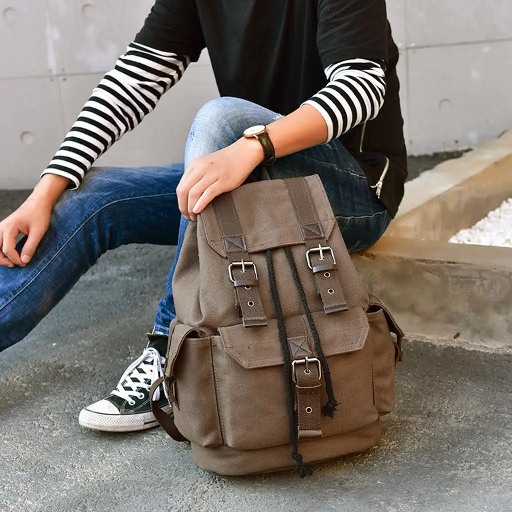 Men’s Vintage Canvas Backpack Satchel Rucksack School Bag Camping Bag Coffee