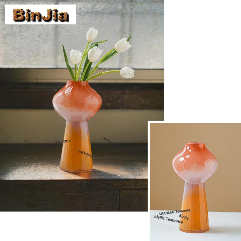 Pink Gradient Coloured Glaze Glass Vase Handmade Terrarium Hydroponics Plant Pot Household Flowerpot Teaset Supplies Decoration