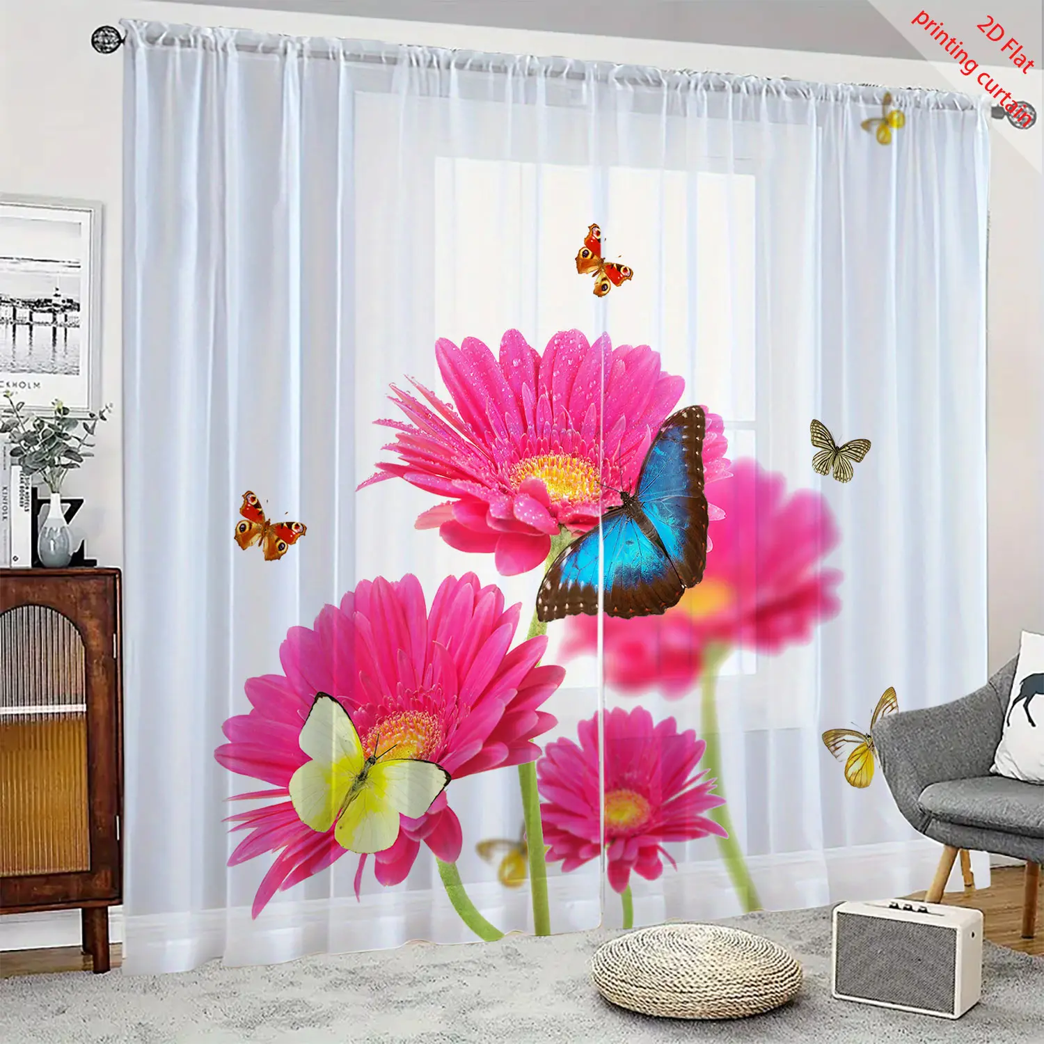 Floral butterfly printed transparent gauze curtain, used for office, home, living room, balcony windows, aesthetic decoration