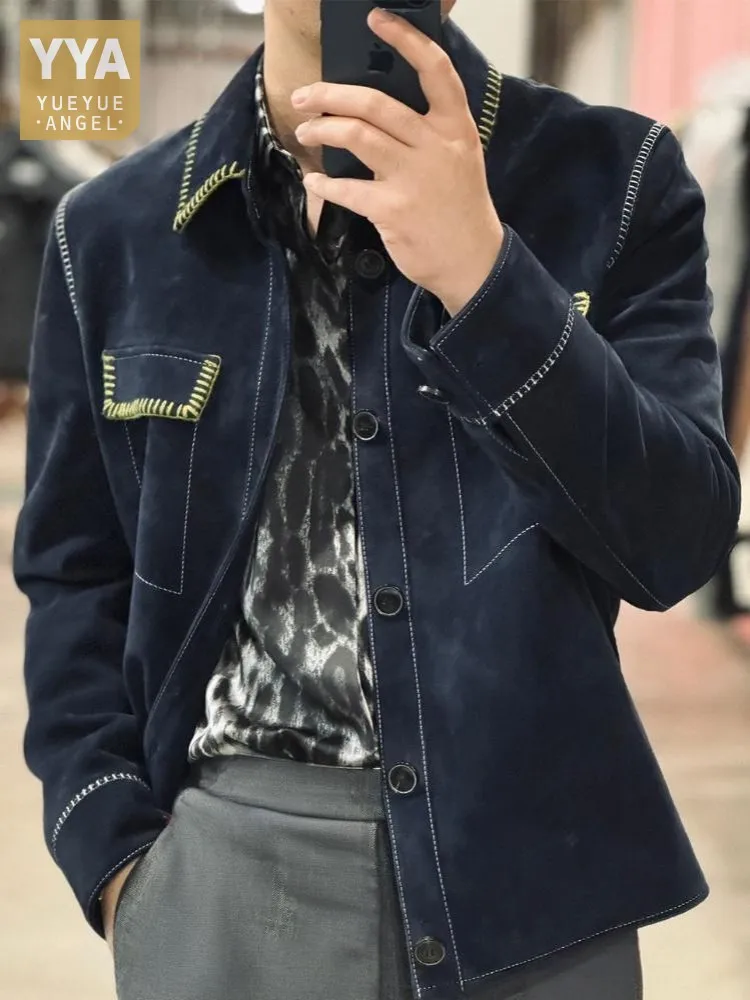 Fashion Lapel Pocket Solid Color Handmade Slim Genuine Leather Jacket Italian Embroidery Single Breasted Sheepskin Men Outerwear