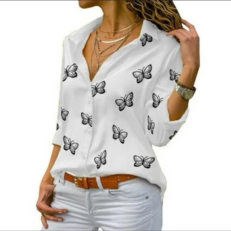 7 Solid Color Butterfly Print Blouse Women\'s V-Neck Button Long Sleeved Top Spring Autumn Casual T-Shirt