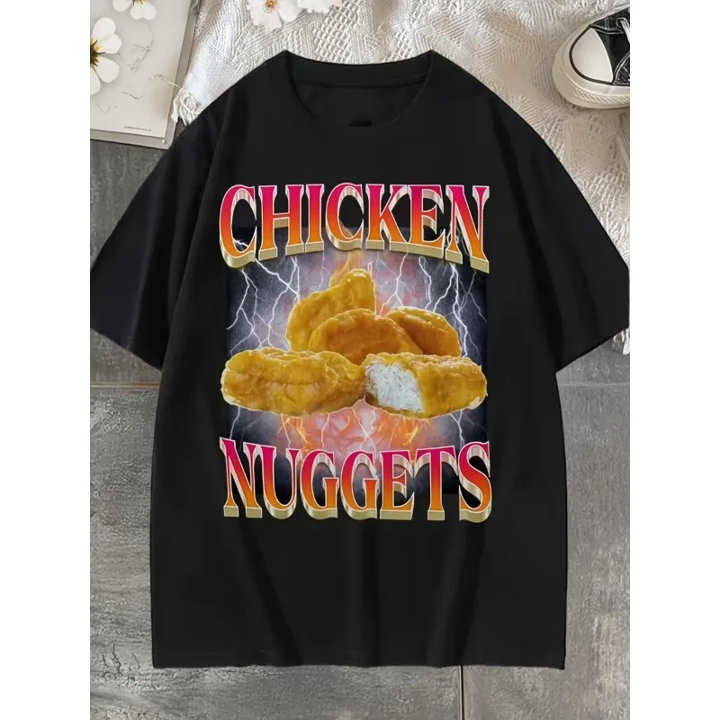 Humorous Retro Graphic Tee Featuring Chicken Nuggets - Black Fast Food Flame Design Comfortable for Women Stylish Apparel