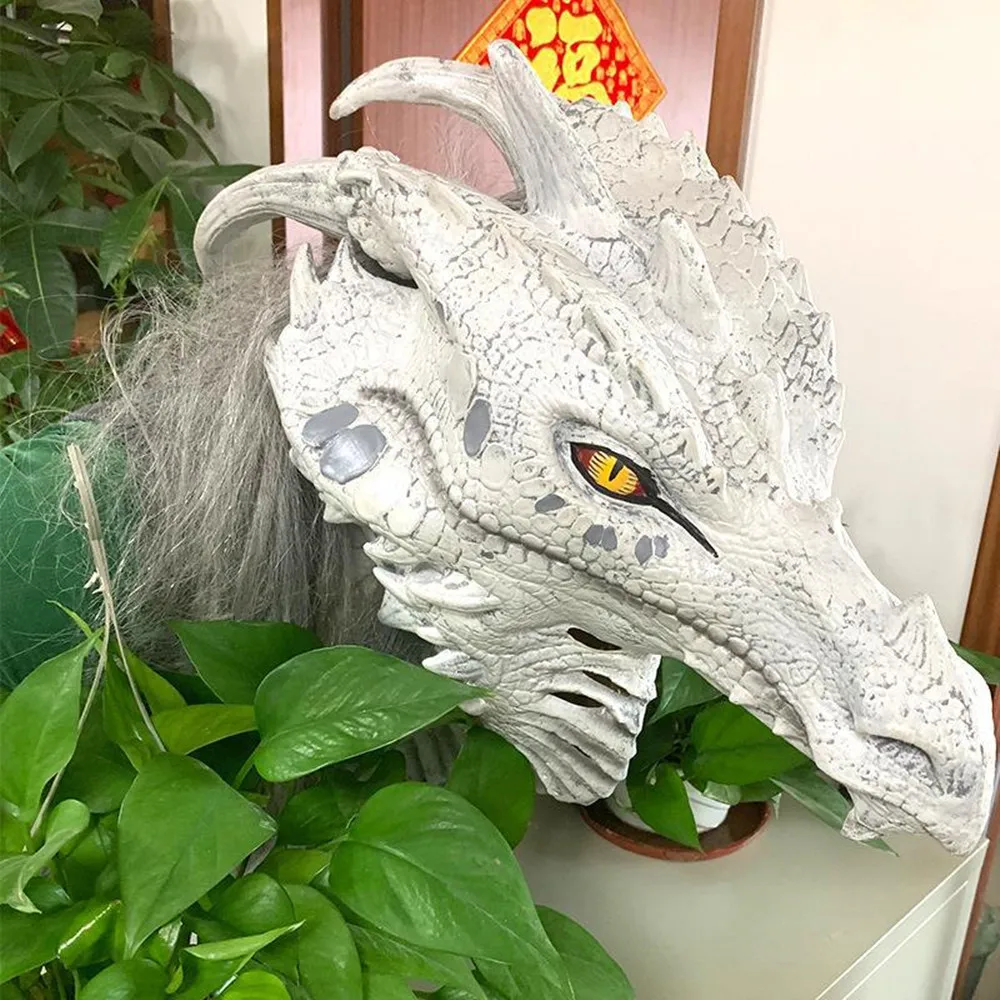 Full Head Dragon Mask with Hair, Latex Animal Head Mask, Creepy Prank Costume, Halloween Party Cosplay Props