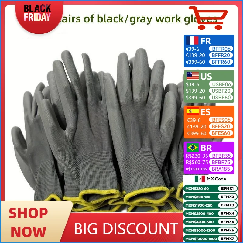 12 /24/36Pair Black /Grey/ horticulture Gloves Safety Work Gloves Repair Gloves Palm Coated Gloves Carpenter Repairman Supplies