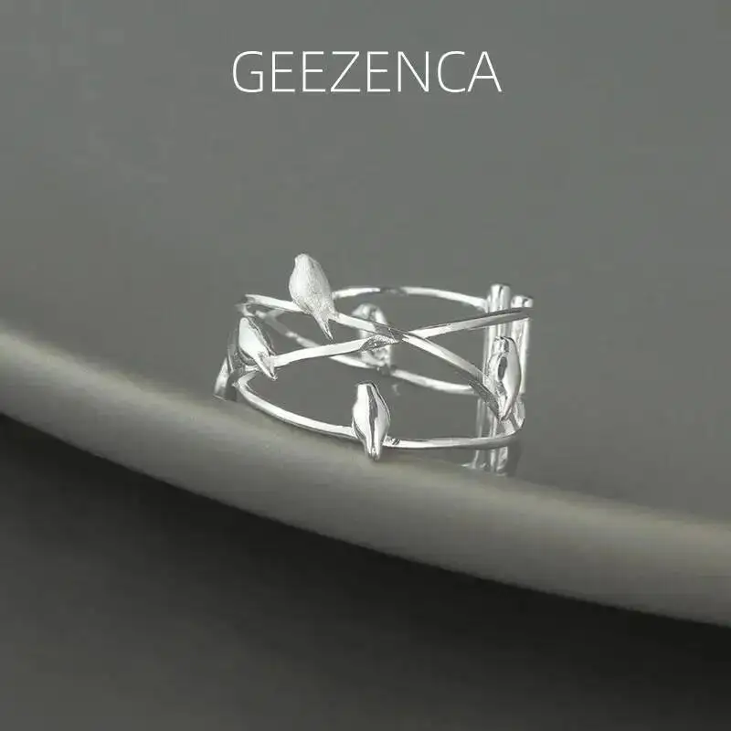 

GEEZENCA 925 Sterling Silver Vine And Birds Rings For Women Original Design Artistic Hollow Out Open Rings In 2 Colors