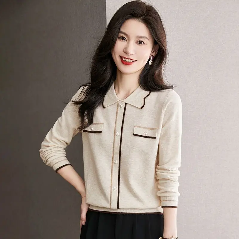 Fashion Lapel Knitted Spliced Button Korean Blouses Women\'s Clothing 2023 Autumn Winter Loose Commuter Tops Casual Shirts