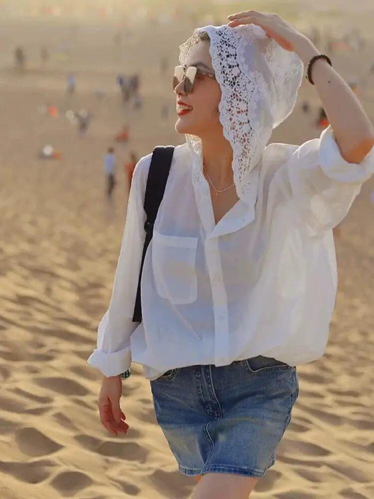 

French Style Loose Fit Long Sleeve UV Protection Lace Splice Hoodie Women's Summer Fashion Shirt Design Open Cardigan Coat