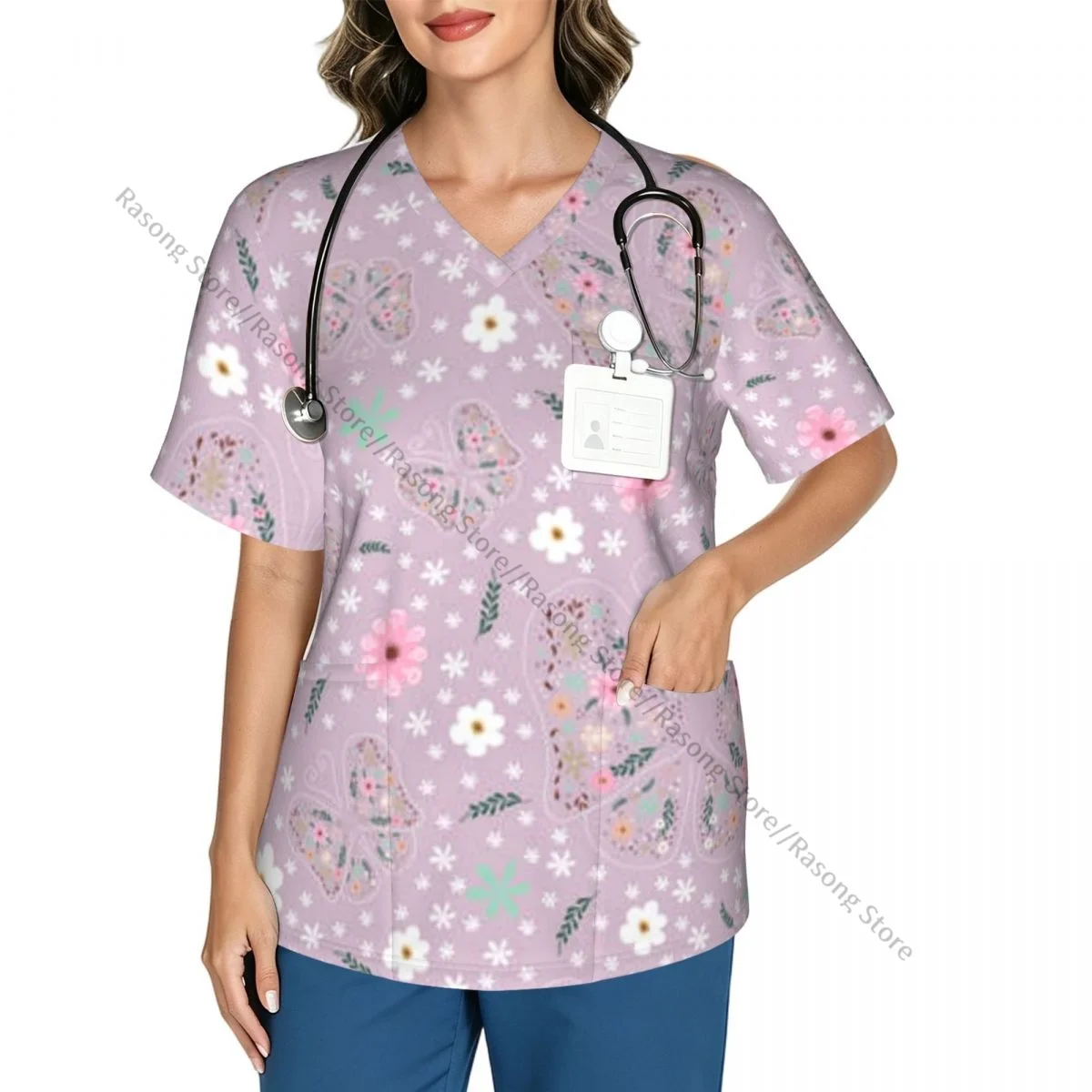 Flowers Butterfly Leaves Floral Texture Scrubs Medical Uniform Women V Neck Short Sleeve Tunic Scrubs Tops Nursing Uniform