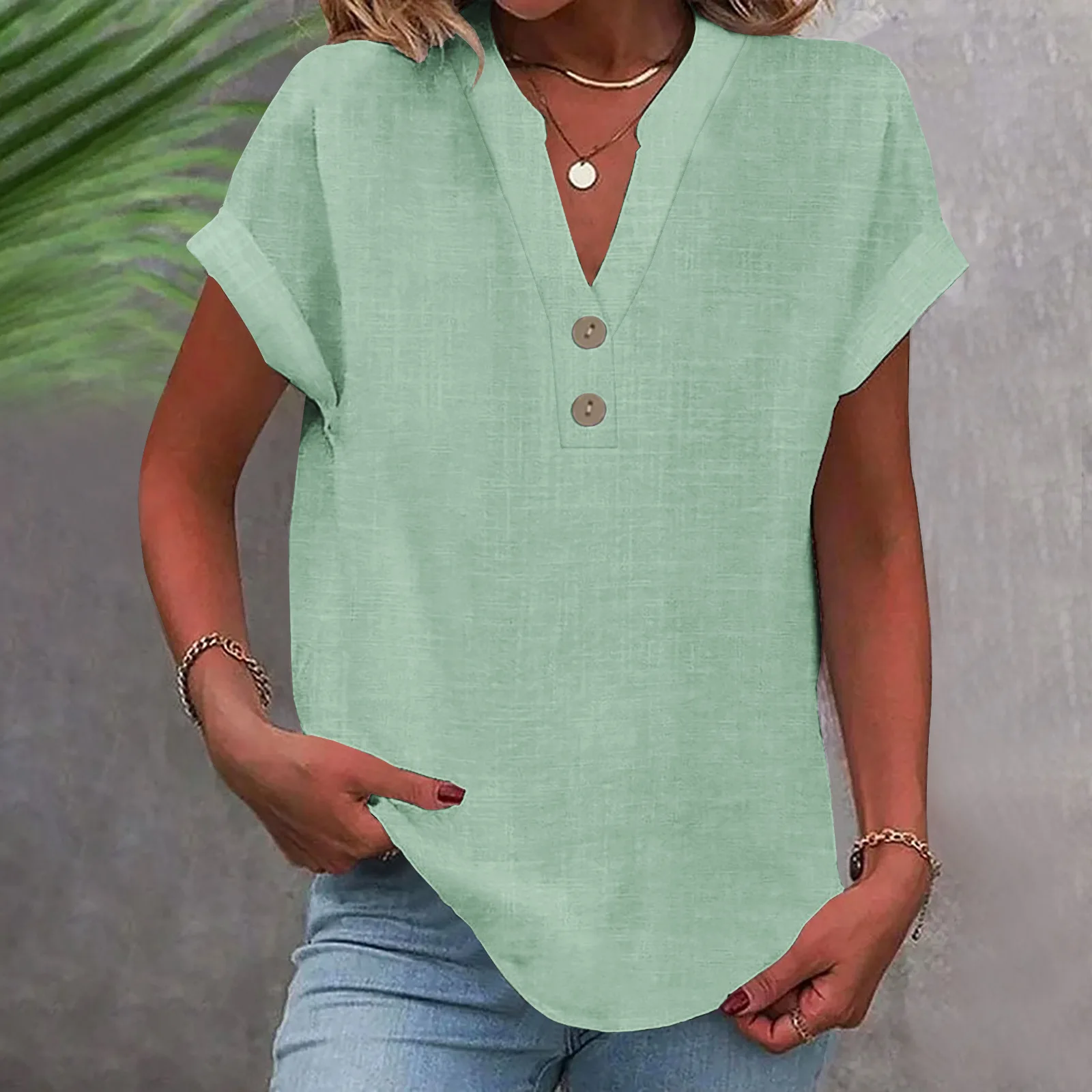 

2025 Summer Cotton Linen Breathable Solid Color Button Down V-neck Shirt Basic And Versatile Casual Comfortable Lady Office Tops