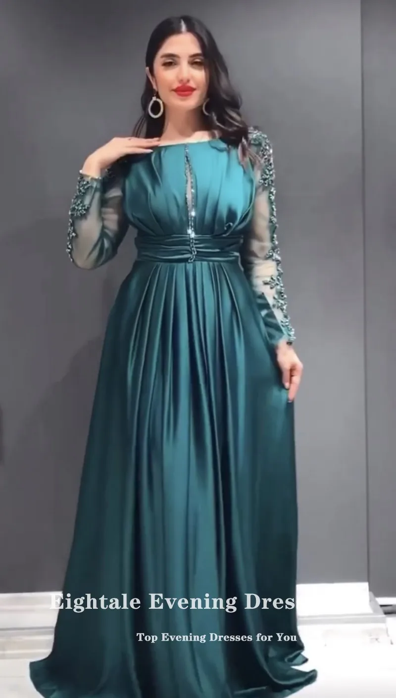 Eightale Formal Women's Evening Dresses Arabic O-Neck Beaded Long Sleeves Dubai Satin Mermaid Party Prom Gowns robe de soirée