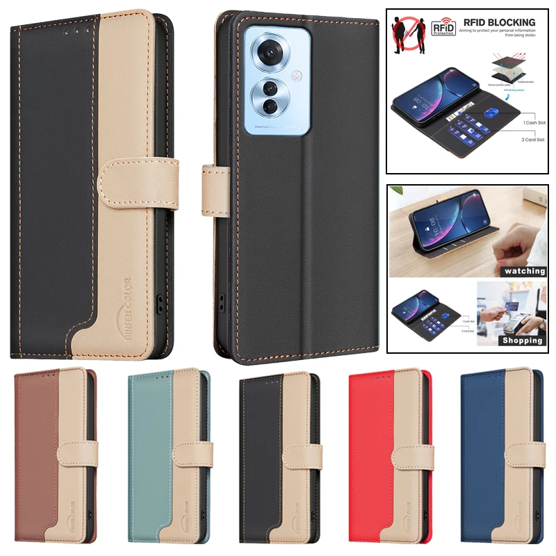 Leather Wallet Case on for Oppo Reno11 F OPPO Reno 11F Reno7 5 Z 5F F19 Pro+Plus Fashion Color Match Card Slot Fundas Phone Case