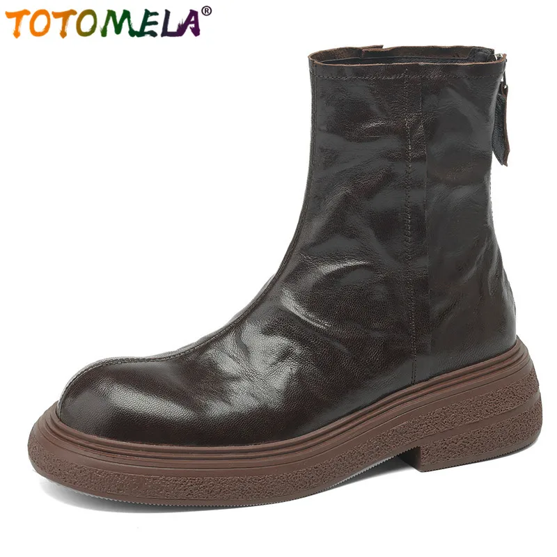 TOTOMELA Size 34-40 Genuine Leather Boots Zipper Square Low Heels Brown Black Ladies Platform Ankle Boots Office Shoes