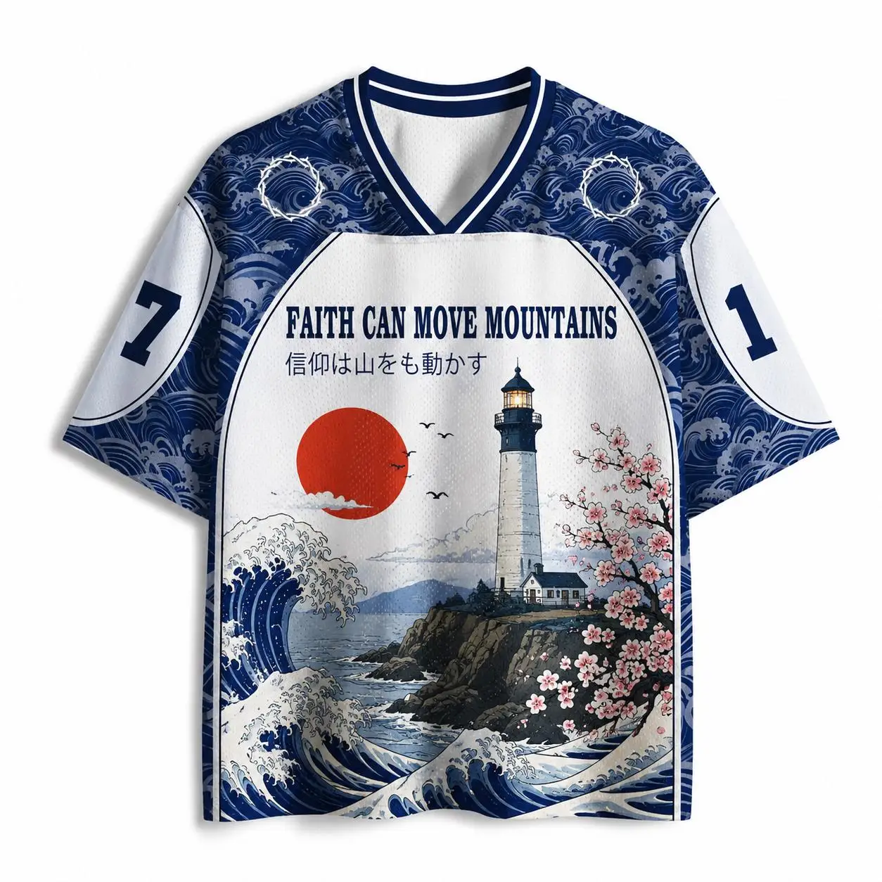 Latest Ukiyo-e Wave Lighthouse Fuji Mountain Jersey V-neck Loose Sports Oversized Loose Breathable T-shirt 2