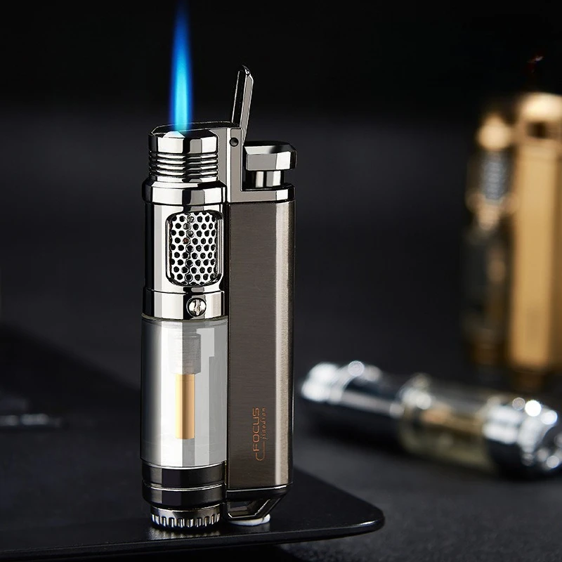 Visible Gas Window 1300℃ Torch Lighter for Cigar, Butane Jet Flame Metal Turbo Windproof Portable Soldering Gun, Lighters Tool