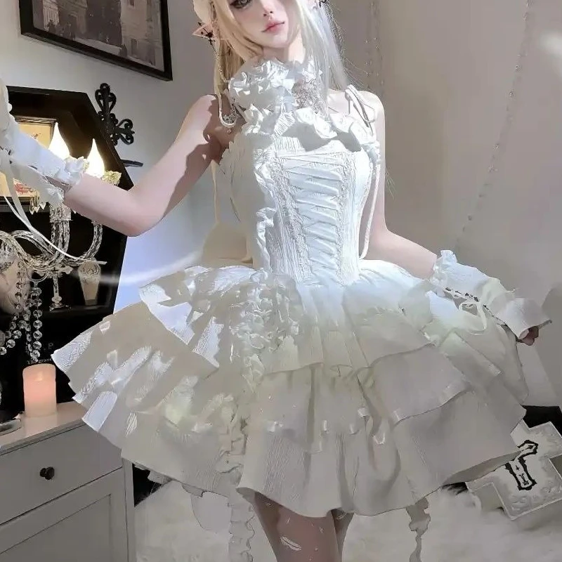 فستان على الطراز الفيكتوري لوليتا الحلو للنساء على الطراز القوطي Y2k الكشكشة زهرة الورد فساتين الأميرة النحيفة على الموضة اليابانية فستان قصير للحفلات