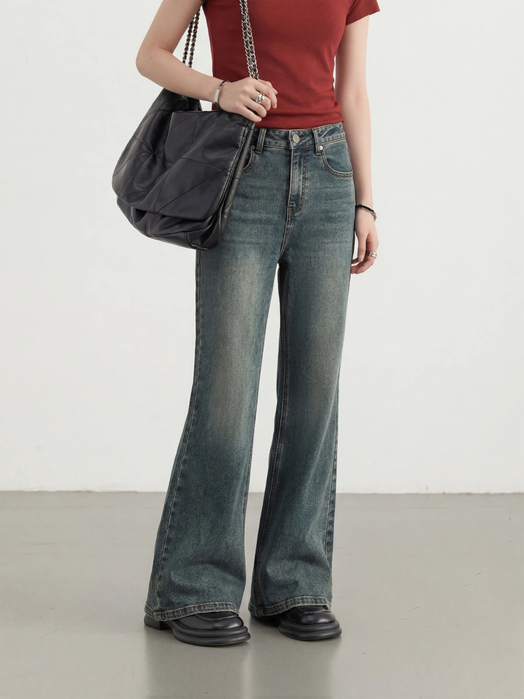 

High Waist Slimming Micro Flared Jeans Women's Floor Length Elastic Denim Pants Chicven Vintage Simple Style Spring Summer