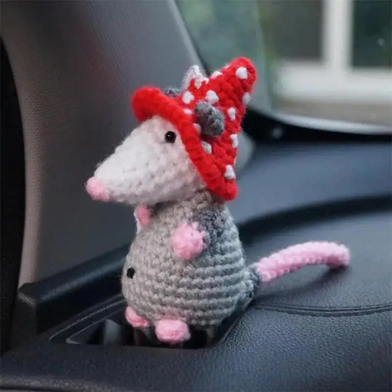 Cute Possums Car Charm Pendant Handmade Knitted Rearview Mirror Mice Pendant Adorable Opossums Ornament Car Interior Decoration