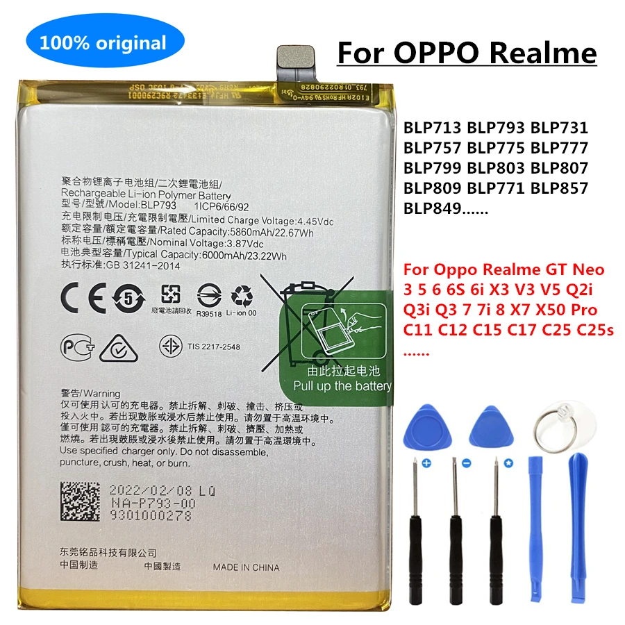 BLP713 BLP793 BLP731 Battery for Oppo Realme GT Neo 3 5 6 6S 6i X3 V3 V5 Q2i Q3i Q3 7 7i 8 X7 X50 Pro C11 C12 C15 C17 C25 C25s