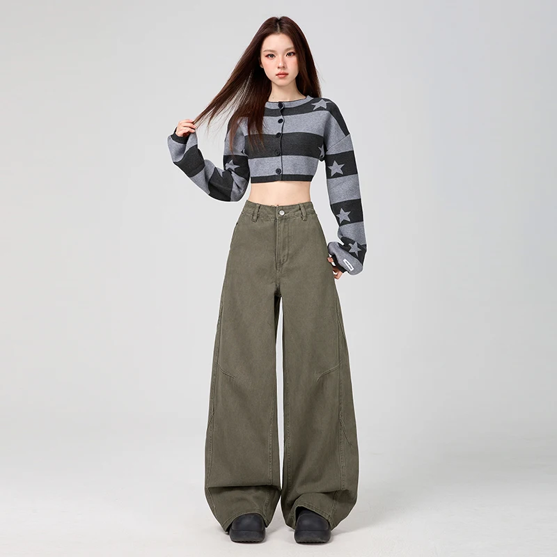 Vintage lichtbruine jeans voor dames 2026 hiphopstijl lente herfst nieuwe casual losse rechte pijpen gewassen wijde pijpen broek Y2K