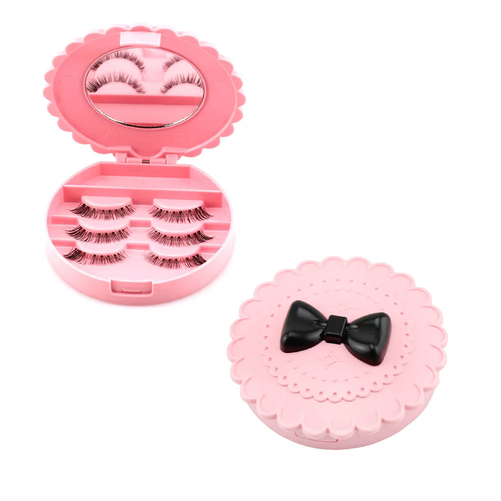 

1Pcs False Eyelash Storage Box Pink Bowknot Style Makeup Mirror Organizer Portable Eyelash Organizer for Women