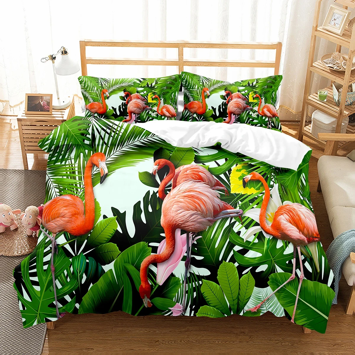 Flamingo Duvet Cover Set Single King Size Wild Tropical Animal Comforter Cover Hawaii Tropical Palm Leaves Flowers Bedding Set