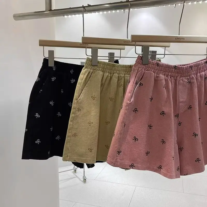 Summer Chic Bow Printing Denim Shorts Women Loose Vintage Elastic Waist Wide Leg Shorts