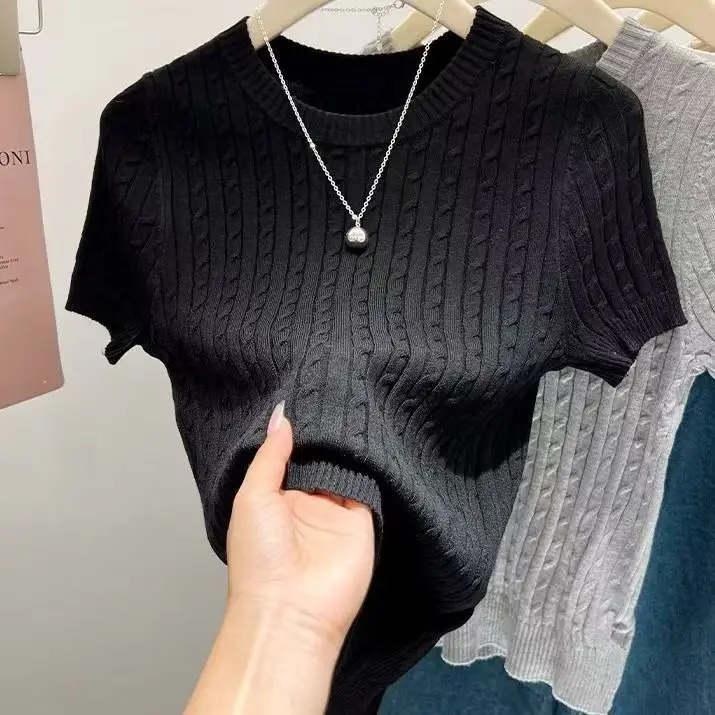 

New Women's Slim Fit ort Sve Knit irt Thin Summer Twist Casual Versatile ort Top Commute Sle round Ne ort Length