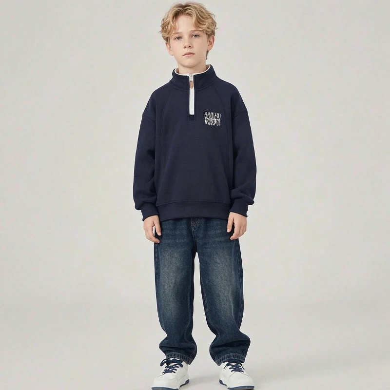 Neue warme Plüsch-Sweatshirts für Jungen, Herbst-Winter-Mode, Stehkragen, dicker Pullover, lässiges Oberteil für Kinderkleidung 3-14 Jahre – Detail 12