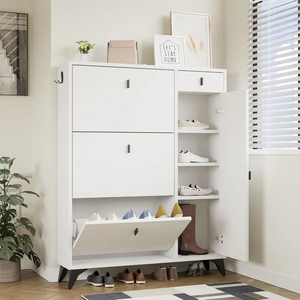 

Shoe Cabinet Storage Organizer White Modern Shoes Organizer with Doors and 3 Flip Drawers Boot Rack for Entryway Hold 22 Pairs