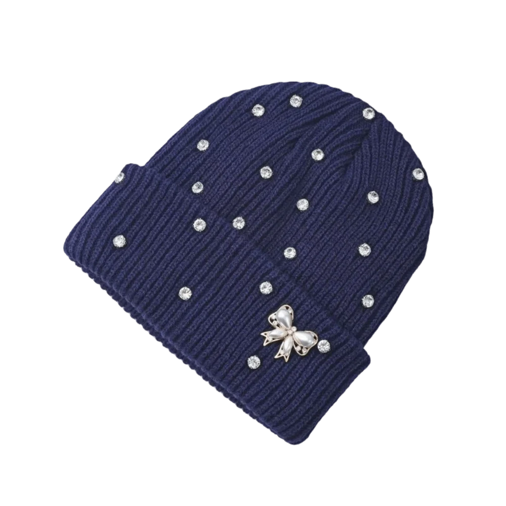 Sweet Elastic Crystal Pearl Bow Beanie Warm Thick Knit Hat Thermal Fold Cuff Pullover Hat Travel