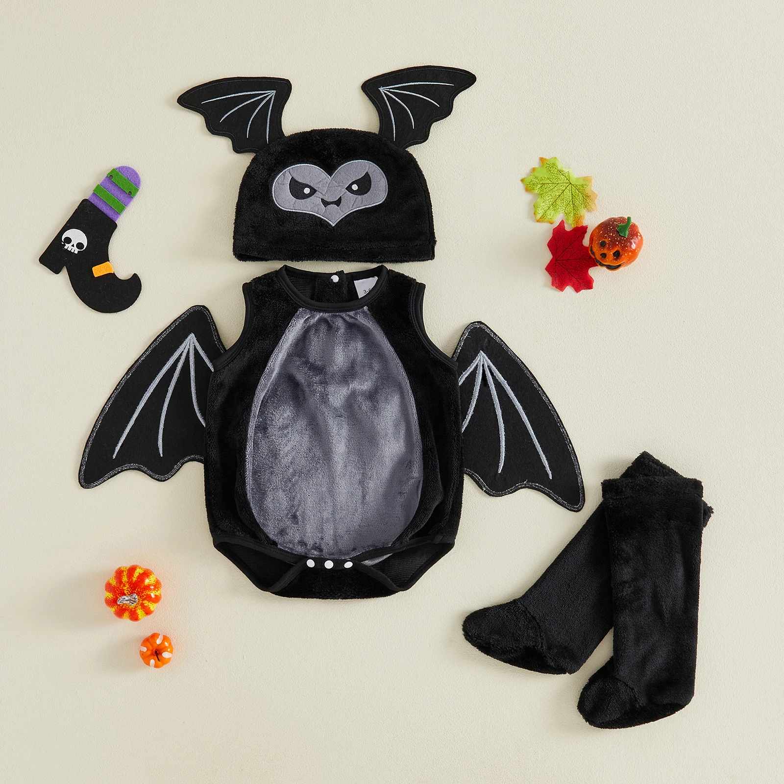 0-18M Infant Boy Halloween Bat Costume Plush Crew Neck Sleeveless Bat Wing Decor Romper + Hat + Stockings