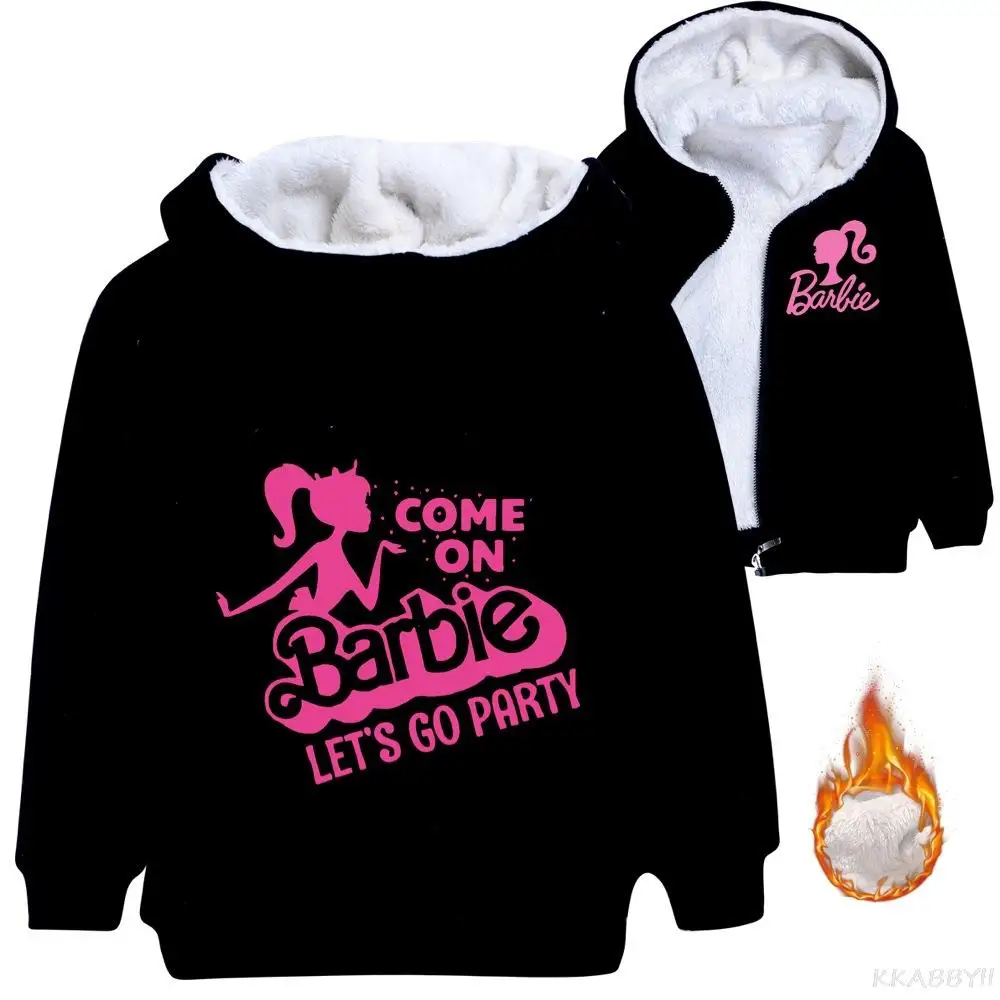 Barbie Baby Girls Cartoon Printed Children Plus Velvet Warm Boys Cotton Jacket Sweatshirt Thick Kids Clothing Jacket