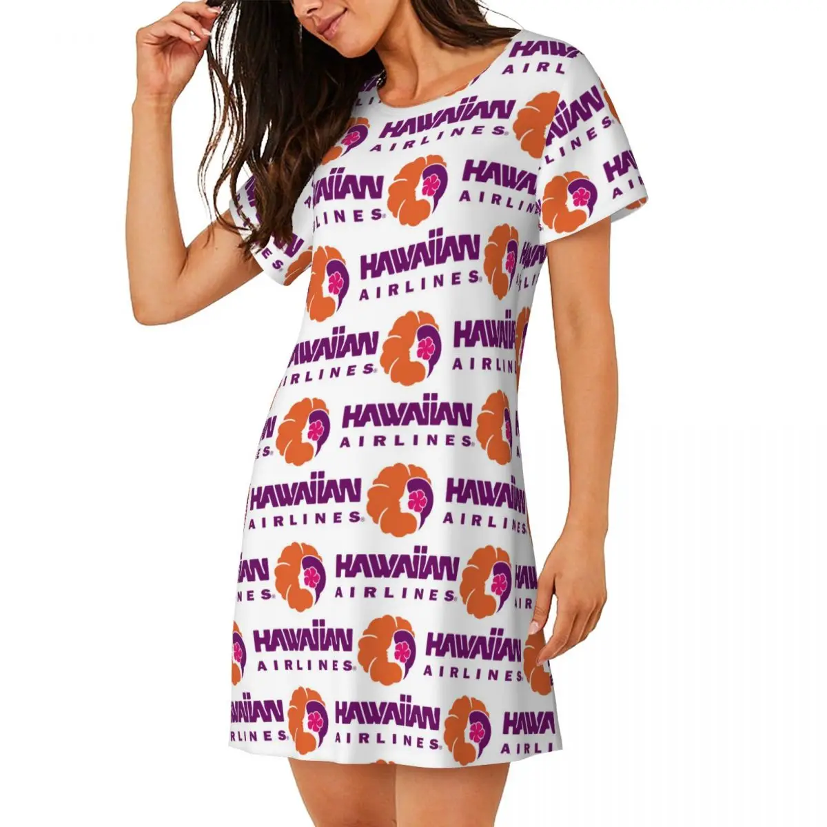 

Custom Hawaiian Airlines Short Sleeves Nightdress For Sleeping Sleepshirts Women Short Sleeve Nightgowns Loose Pajama Dress