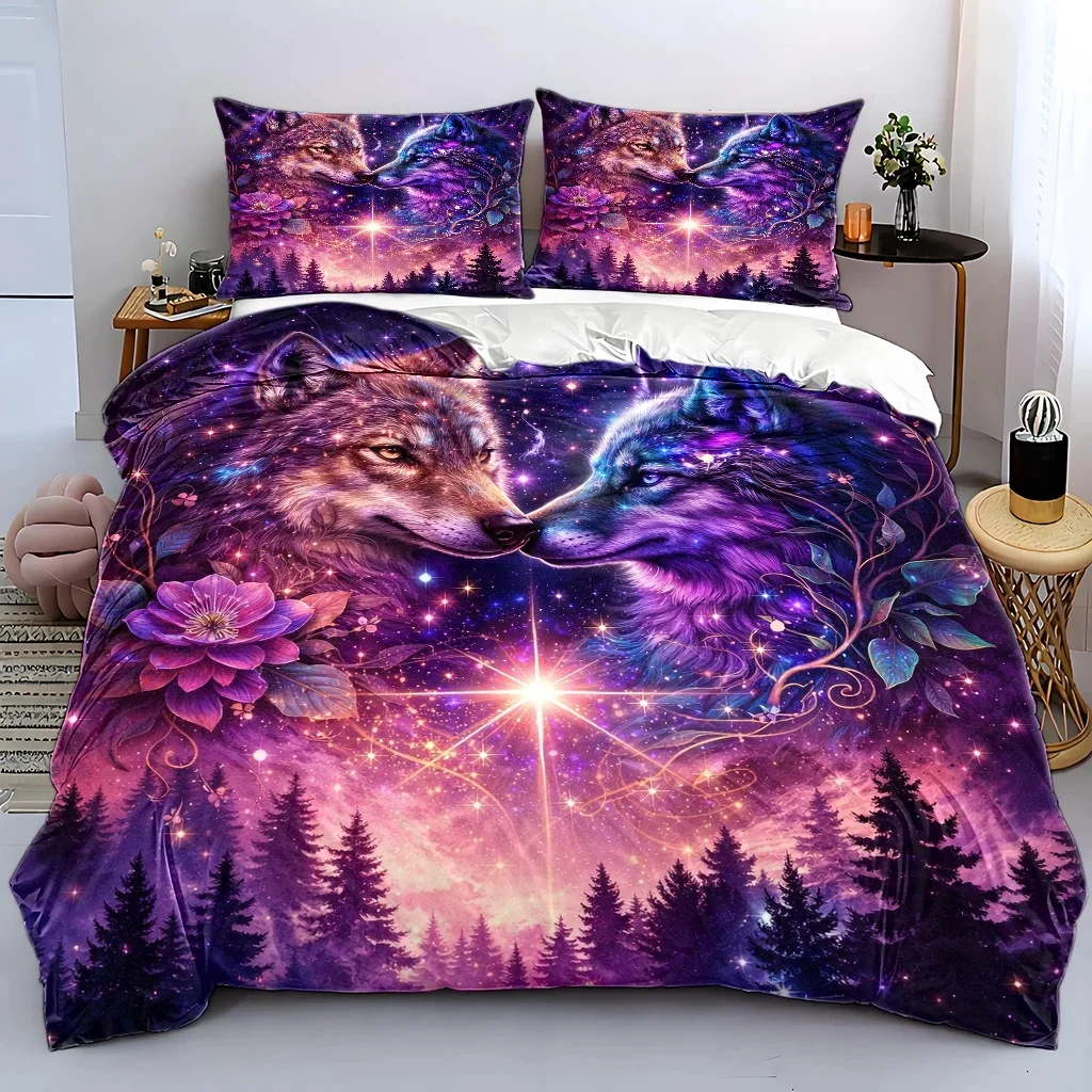 3Pc Starry Wolf Couple Theme Duvet Cover Set, Three-Piece Bed Set (1 Duvet Cover + 2 Pillowcases), Suitable for All Seasons, Machine Washable, Invisible Zipper Design, Large Double Bed Cover Set, Suitable for Home, Dormitory, Master Bedroom, Guest Room, Dreamy Forest Starry Sky Print, Ins-Style Artistic Bedding, Skin-Friendly and Comfortable Bedding Set, Cross-Border Popular Bedroom Bedding, Nordic Style Decorative Bed Cover, Soft and Breathable Duvet Cover Set