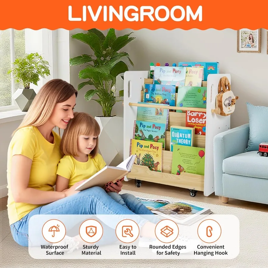 3in1 Wooden Art Easel with Wheels for Toddlers: Bookshelf Toy Storage Organizer and DualSurface Easel featuring Chalkboard Whit