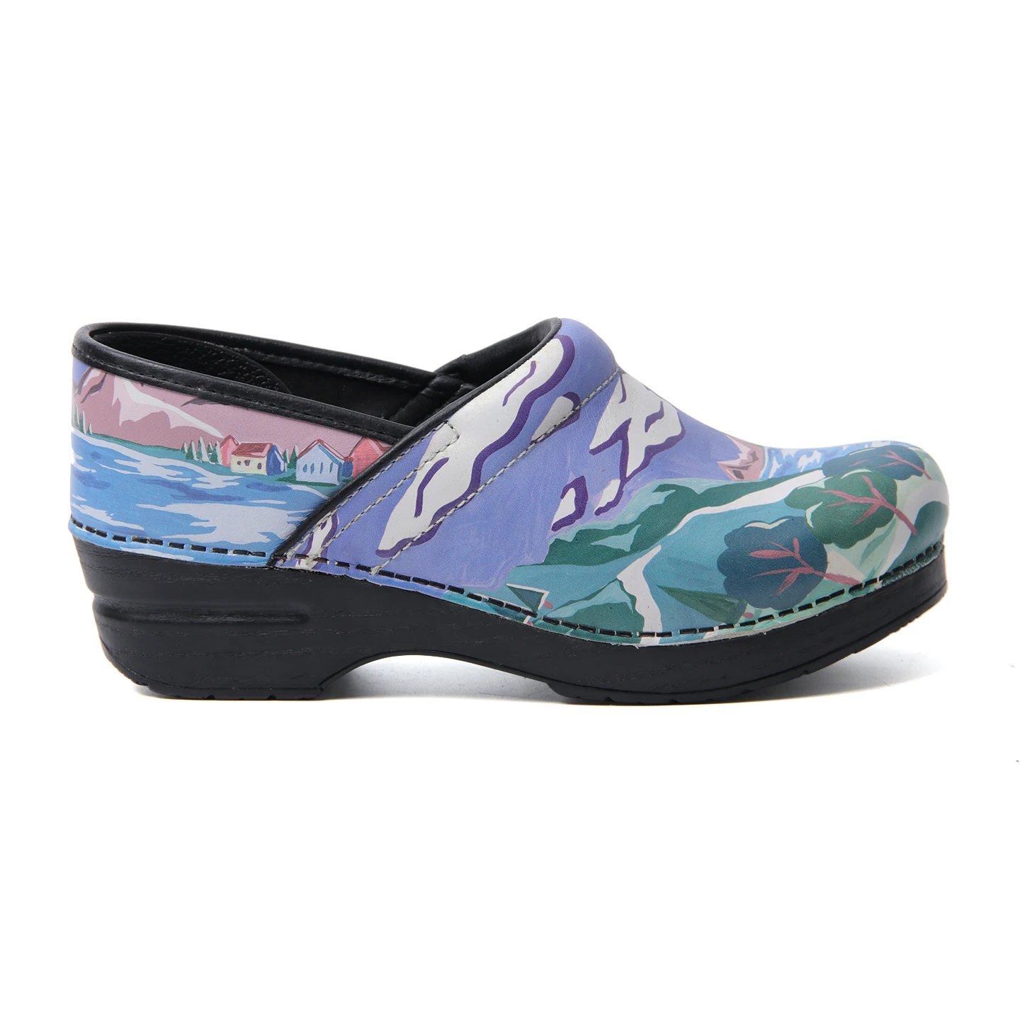 Dansko Printed Leather Work Clogs Slip Resistant Wood Wedge Slip On Mules Nursing Chef Gardener Shoes