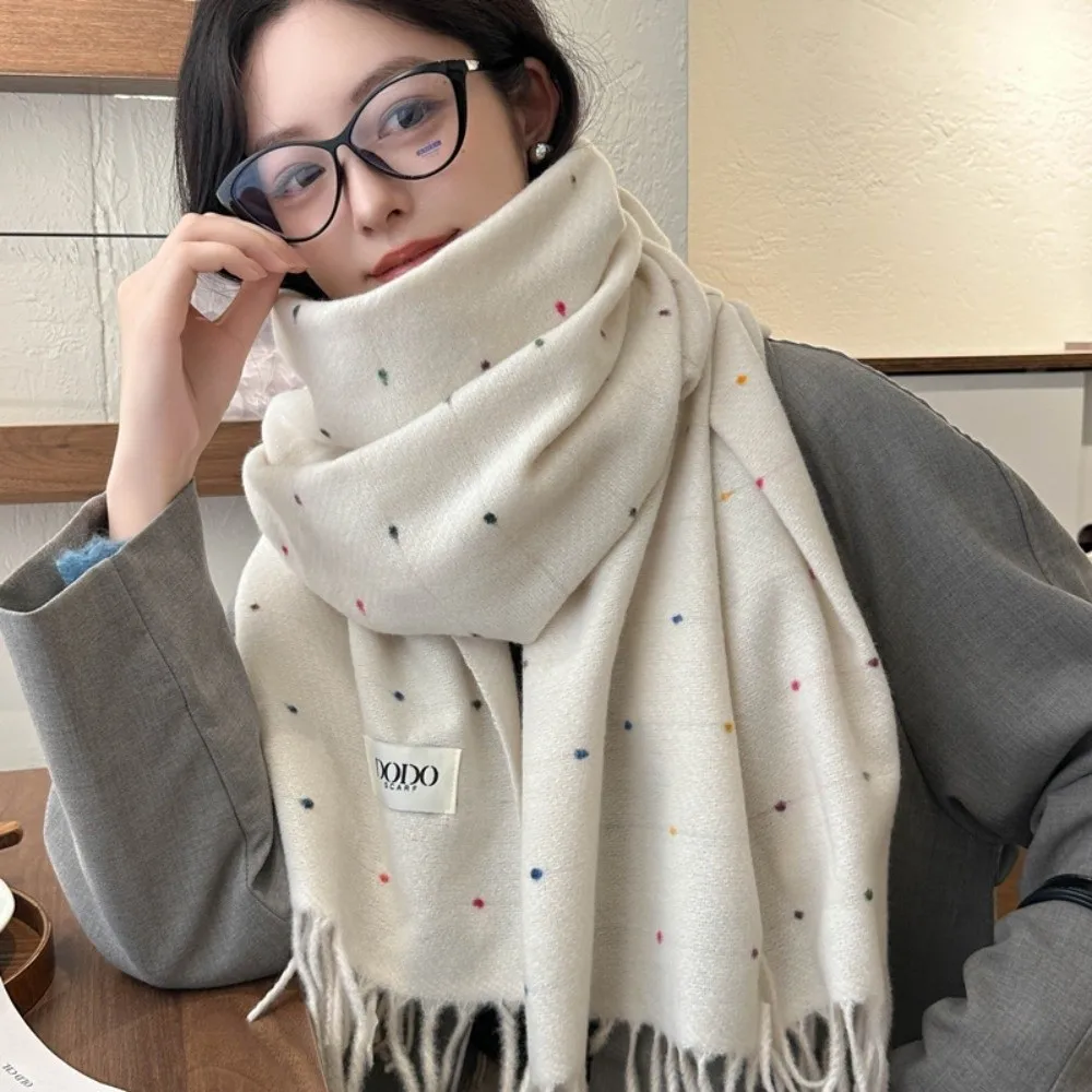 New Polka Dot Winter Cashmere Scarf with Tassel Solid Color Wool Scarves Thickened Warm Pashmina Shawl Wrap Outdoor